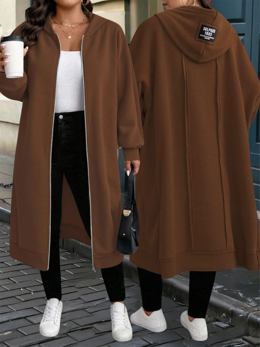 EMERY ROSE Plus Size Solid Color Casual Hooded Jacket, Suitable For Autumn/Winter Fall Cloth For Women - Brown - View 1