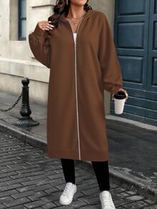 EMERY ROSE Plus Size Solid Color Casual Hooded Jacket, Suitable For Autumn/Winter Fall Cloth For Women - Brown - View 3