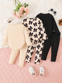 SHEIN 6pcs Baby Girls Bow Print Top With Curved Hem + Printed Solid Color Pants Set, Cute Casual Versatile Outfit For Autumn - Black - View 3