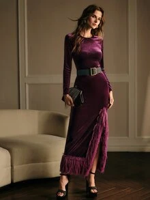 MOTF PREMIUM WOMEN'S ELEGANT VELVET FAUX FUR MID-LENGTH DRESS - Purple - View 5