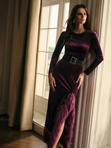 MOTF PREMIUM WOMEN'S ELEGANT VELVET FAUX FUR MID-LENGTH DRESS - Purple - View 7
