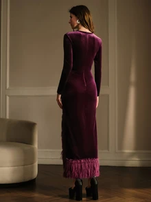 MOTF PREMIUM WOMEN'S ELEGANT VELVET FAUX FUR MID-LENGTH DRESS - Purple - View 9