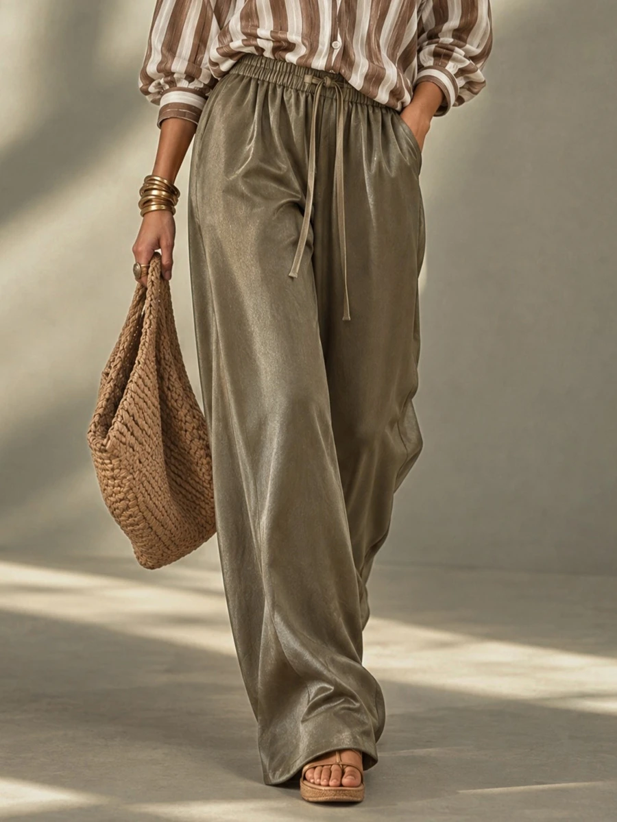 Calvaya Women's Loose Comfy Wide Leg Pants, Acetate Textured Fall Cloth For Women - Coffee Brown - View 1