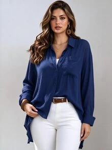Franclia Plus Size Plain Lapel Casual Shirt, Simple & Elegant, Versatile, Fashionable, Breathable & Comfortable Fall Cloth For Women - Royal Blue - View 4