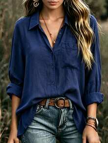 Franclia Plus Size Plain Lapel Casual Shirt, Simple & Elegant, Versatile, Fashionable, Breathable & Comfortable Fall Cloth For Women - Royal Blue - View 3
