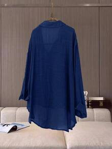 Franclia Plus Size Plain Lapel Casual Shirt, Simple & Elegant, Versatile, Fashionable, Breathable & Comfortable Fall Cloth For Women - Royal Blue - View 2