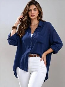 Franclia Plus Size Plain Lapel Casual Shirt, Simple & Elegant, Versatile, Fashionable, Breathable & Comfortable Fall Cloth For Women - Royal Blue - View 1