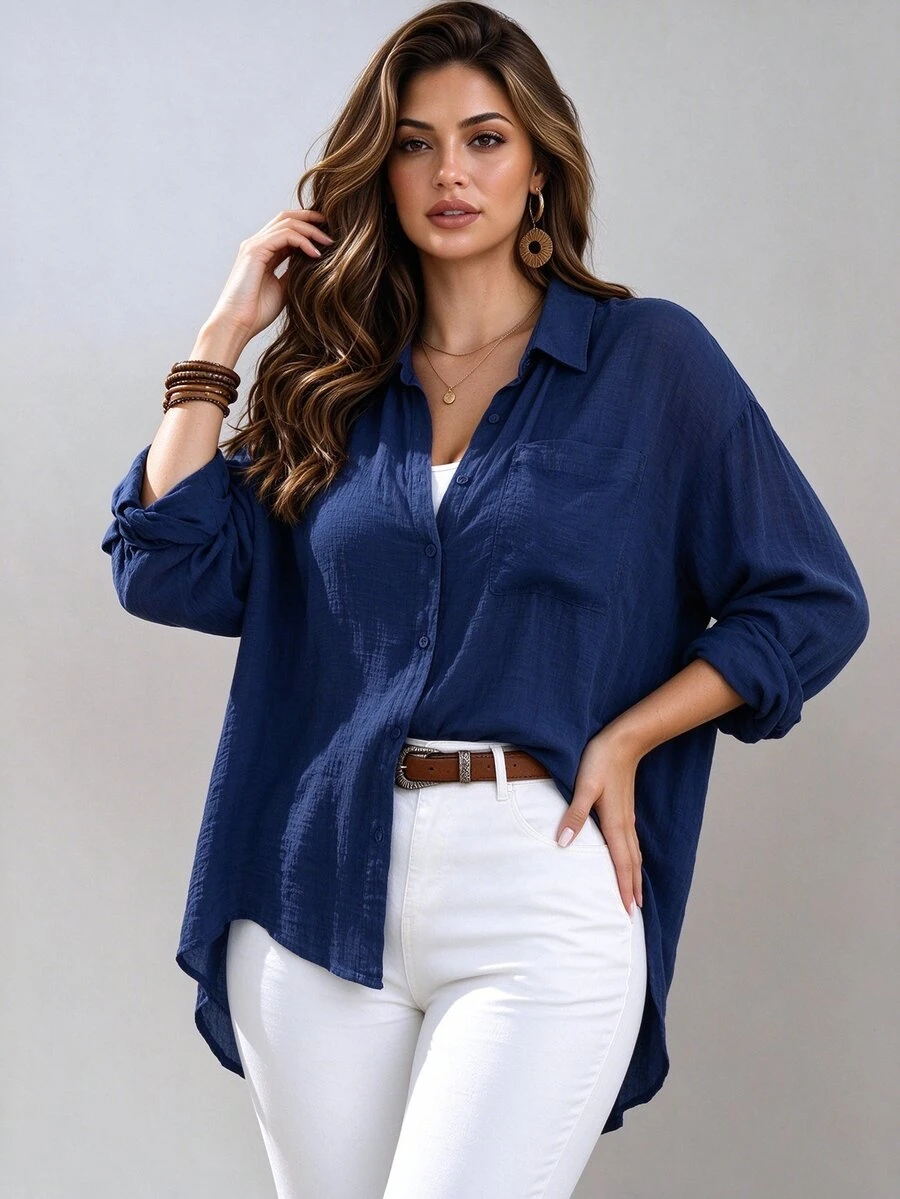 Franclia Plus Size Plain Lapel Casual Shirt, Simple & Elegant, Versatile, Fashionable, Breathable & Comfortable Fall Cloth For Women - Royal Blue - View 1