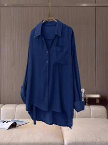Franclia Plus Size Plain Lapel Casual Shirt, Simple & Elegant, Versatile, Fashionable, Breathable & Comfortable Fall Cloth For Women - Royal Blue - View 5