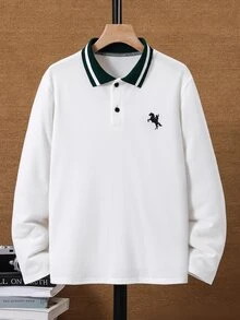 SHEIN 兒童青少年男孩編織條紋長袖 Polo 衫，適合通勤、上學、日常休閒、大學、旅行、運動，秋冬款 - 白色 - 查看 2