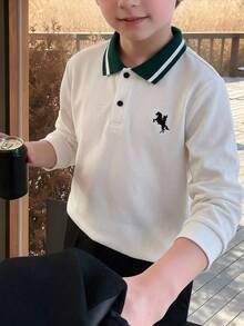 SHEIN 兒童青少年男孩編織條紋長袖 Polo 衫，適合通勤、上學、日常休閒、大學、旅行、運動，秋冬款 - 白色 - 查看 1