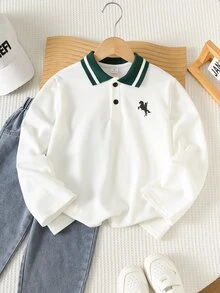 SHEIN 兒童青少年男孩編織條紋長袖 Polo 衫，適合通勤、上學、日常休閒、大學、旅行、運動，秋冬款 - 白色 - 查看 5