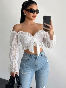 SHEIN SXY 荷葉邊鐘形袖前繫帶蕾絲短款上衣 - 白色 - 查看 2