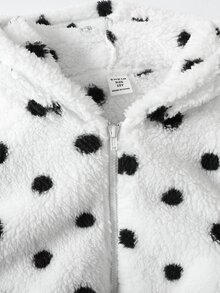 SHEIN 青少年女孩秋冬休閒保暖內裡加厚黑白波點印花毛絨連帽拼接泰迪羊羔絨雙面刷毛連身褲 黑白 - 黑與白 - 查看 5