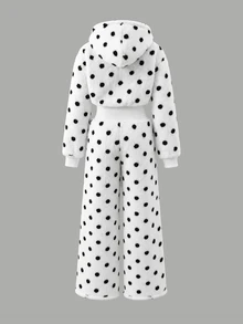 SHEIN 青少年女孩秋冬休閒保暖內裡加厚黑白波點印花毛絨連帽拼接泰迪羊羔絨雙面刷毛連身褲 黑白 - 黑與白 - 查看 2