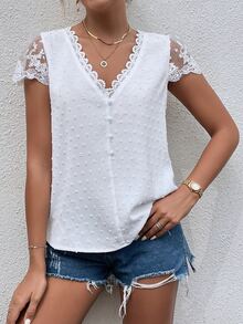 Breezaya Swiss Dot Guipure Lace Detail Contrast Embroidered Mesh Blouse - White - View 7