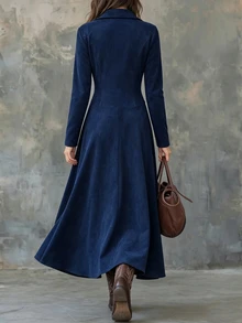 SHEIN LUNE CURVE Plus Size Women's Long Sleeve Metal Button Design Casual Dress - Navy Blue - View 2