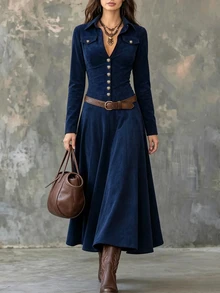 SHEIN LUNE CURVE Plus Size Women's Long Sleeve Metal Button Design Casual Dress - Navy Blue - View 3