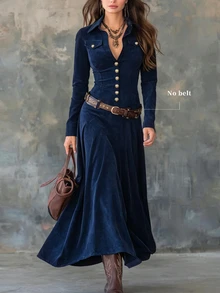 SHEIN LUNE CURVE Plus Size Women's Long Sleeve Metal Button Design Casual Dress - Navy Blue - View 1