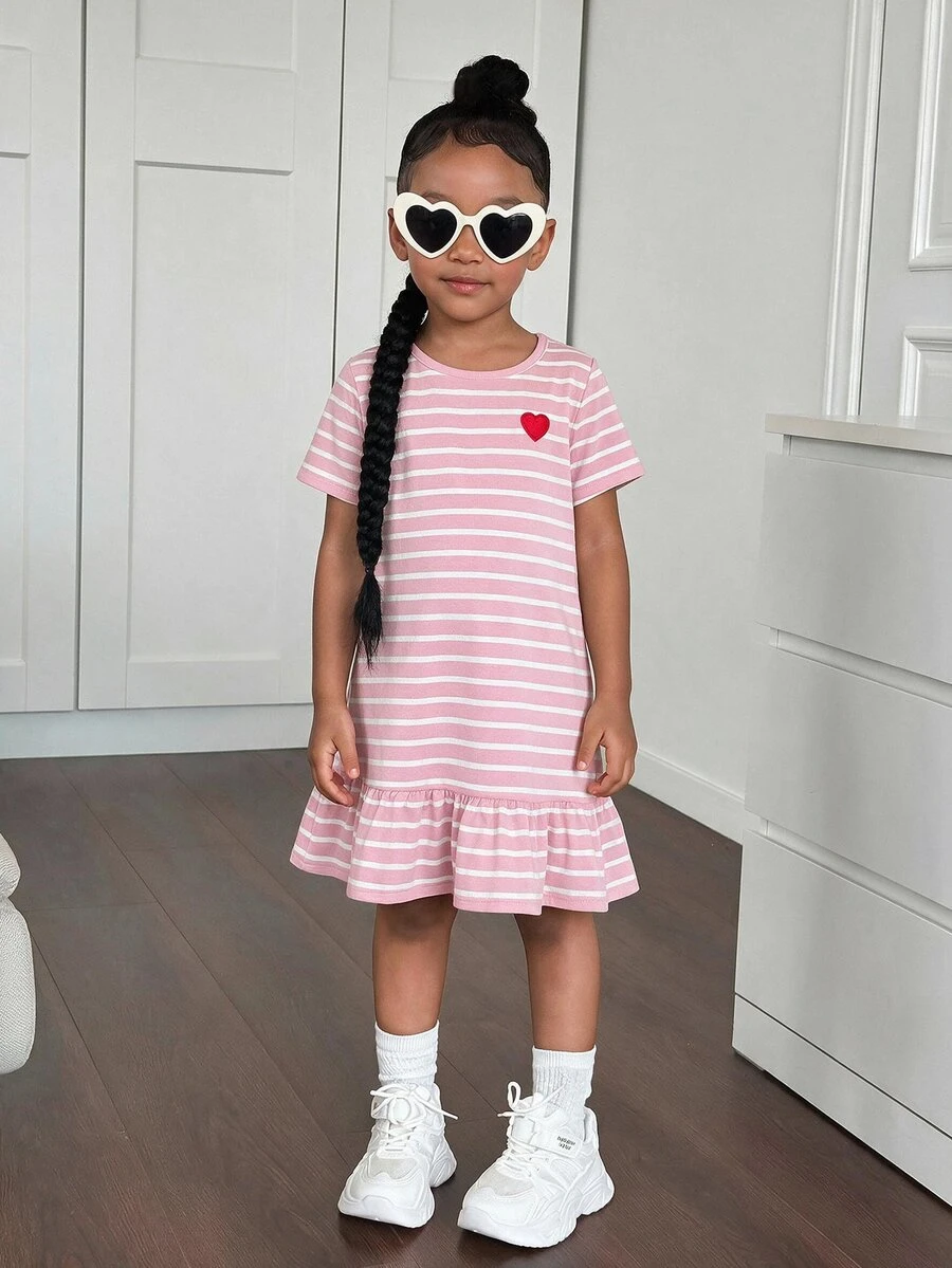 SHEIN Young Girl Knitted Striped Heart Pattern Round Neck Dress, Young Girls - Baby Pink - View 1