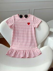 SHEIN 女童針織條紋愛心圖案圓領洋裝 - 淺粉色 - 查看 7