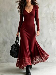 SHEIN Women's Spring/Autumn Brown Ribbed Knit V-Neck Long Sleeve Slim Fit Waist-Cinching Mermaid Lace Patchwork Hem Dress - Burgundy - View 2