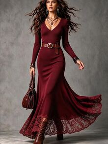 SHEIN Women's Spring/Autumn Brown Ribbed Knit V-Neck Long Sleeve Slim Fit Waist-Cinching Mermaid Lace Patchwork Hem Dress - Burgundy - View 1