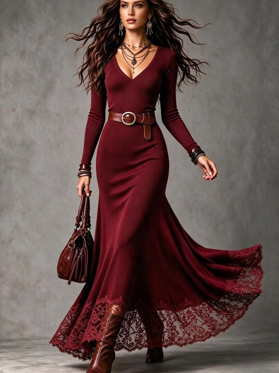 SHEIN Women's Spring/Autumn Brown Ribbed Knit V-Neck Long Sleeve Slim Fit Waist-Cinching Mermaid Lace Patchwork Hem Dress - Burgundy - View 1