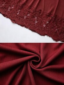 SHEIN Women's Spring/Autumn Brown Ribbed Knit V-Neck Long Sleeve Slim Fit Waist-Cinching Mermaid Lace Patchwork Hem Dress - Burgundy - View 7