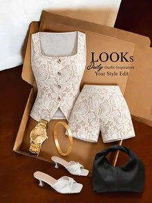 Lavishia Women's Lace Print Single-Breasted Vest And Shorts Elegant 2 Pieces Set - Apricot - View 8