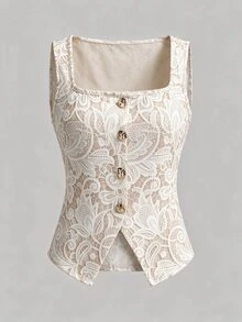 Lavishia Women's Lace Print Single-Breasted Vest And Shorts Elegant 2 Pieces Set - Apricot - View 7