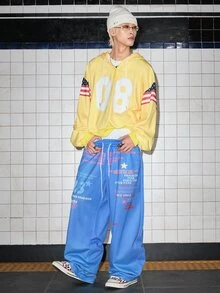 ROMWE MEN Street Life Men's Letter Print Street Casual Drawstring Sweatpants - Multicolor - View 2