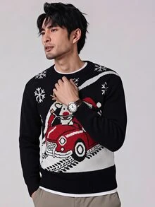 Manfinity Homme 男士圓領長袖套頭毛衣，休閒提花針織秋冬款，黑色寬鬆版型聖誕風格，雪花聖誕老人馴鹿圖案套頭毛衣，老錢風 - 黑色 - 查看 6