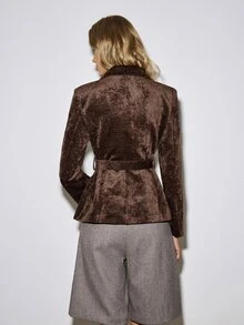 ATUI Studio Fall Double-Sided Chenille Velvet Dark Brown Belted Long Sleeve Blazer Business Office Casual Elegant - Coffee Brown - View 4