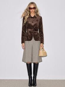 ATUI Studio Fall Double-Sided Chenille Velvet Dark Brown Belted Long Sleeve Blazer Business Office Casual Elegant - Coffee Brown - View 2