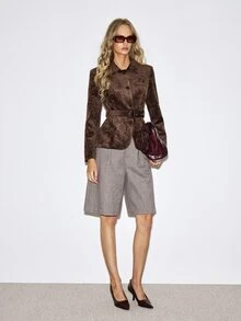 ATUI Studio Fall Double-Sided Chenille Velvet Dark Brown Belted Long Sleeve Blazer Business Office Casual Elegant - Coffee Brown - View 7