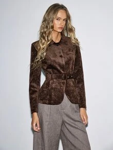 ATUI Studio Fall Double-Sided Chenille Velvet Dark Brown Belted Long Sleeve Blazer Business Office Casual Elegant - Coffee Brown - View 3