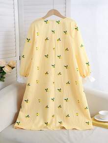 SHEIN 少女秋/冬款寬鬆休閒甜美黃色格紋檸檬印花拼接精緻刺繡蕾絲飾邊居家服睡袍洋裝兒童睡衣女童睡裙淺黃色 - 黃色 - 查看 2