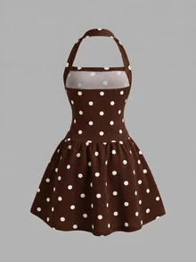 Young Girl Young Girl Young Girl Casual Fashion Polka Dot Halter A-Line Dress - Coffee - View 5