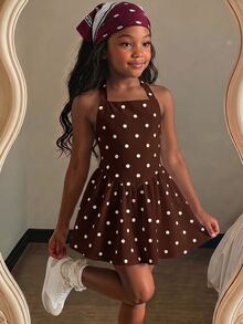 Young Girl Young Girl Young Girl Casual Fashion Polka Dot Halter A-Line Dress - Coffee - View 1