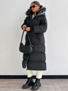 SHEIN Ladies Black Winter Coat Fur Collar With Ribbed Cuffs - Black - View 5