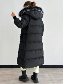 SHEIN Ladies Black Winter Coat Fur Collar With Ribbed Cuffs - Black - View 2