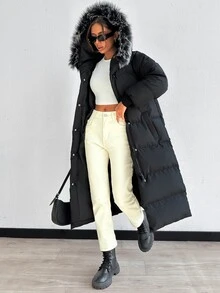 SHEIN Ladies Black Winter Coat Fur Collar With Ribbed Cuffs - Black - View 1