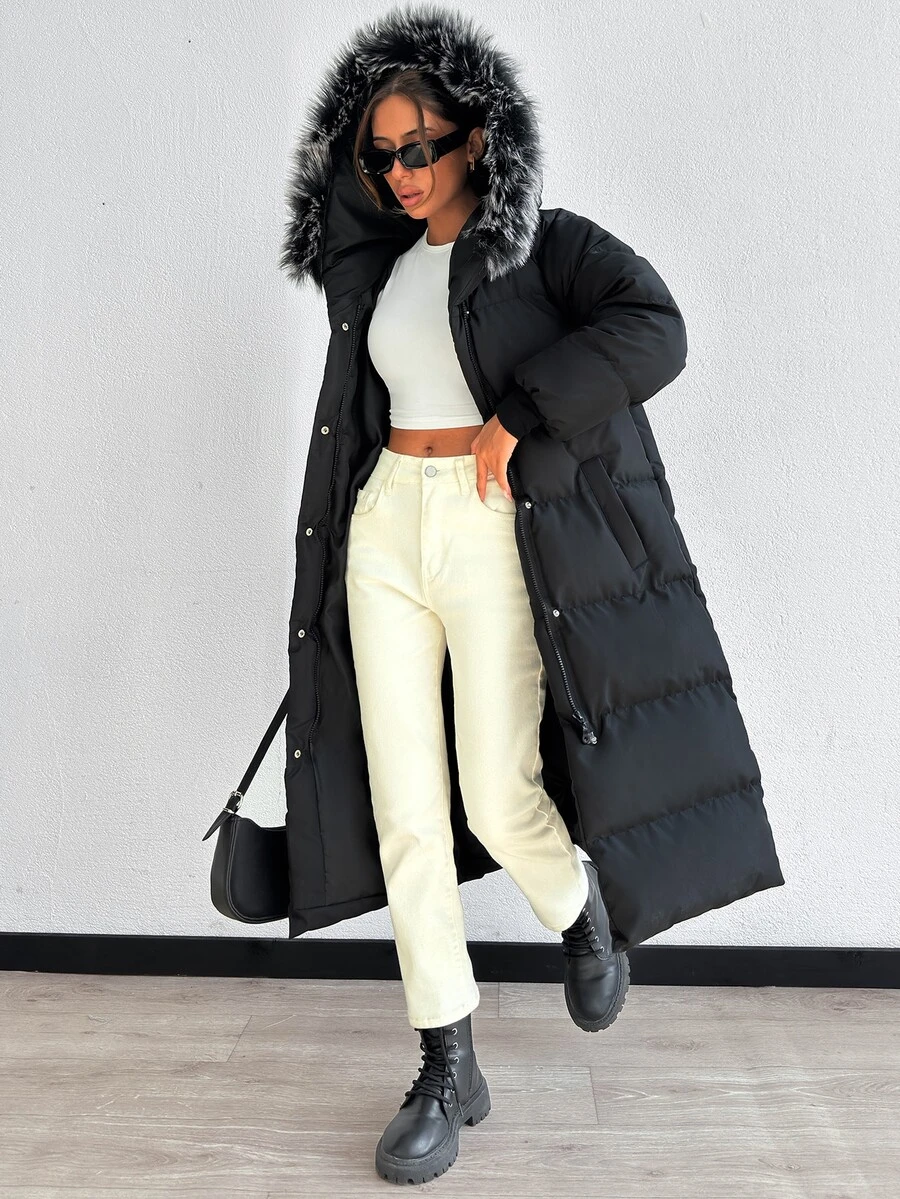 SHEIN Ladies Black Winter Coat Fur Collar With Ribbed Cuffs - Black - View 1