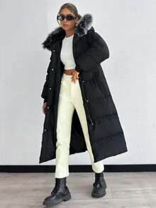 SHEIN Ladies Black Winter Coat Fur Collar With Ribbed Cuffs - Black - View 3
