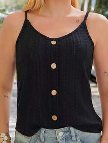Vivi Wanderley Women's Fashion Hollow-Out Jacquard Textured Boho Style Button Strap Tank Top Singlet - Black - View 4