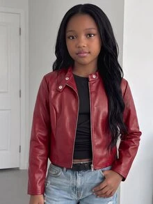 SHEIN Tween Girl Fall/Winter Casual Kids Street Style Lapel PU Leather Short Jacket (Front Metal Zipper) - Burgundy - View 7