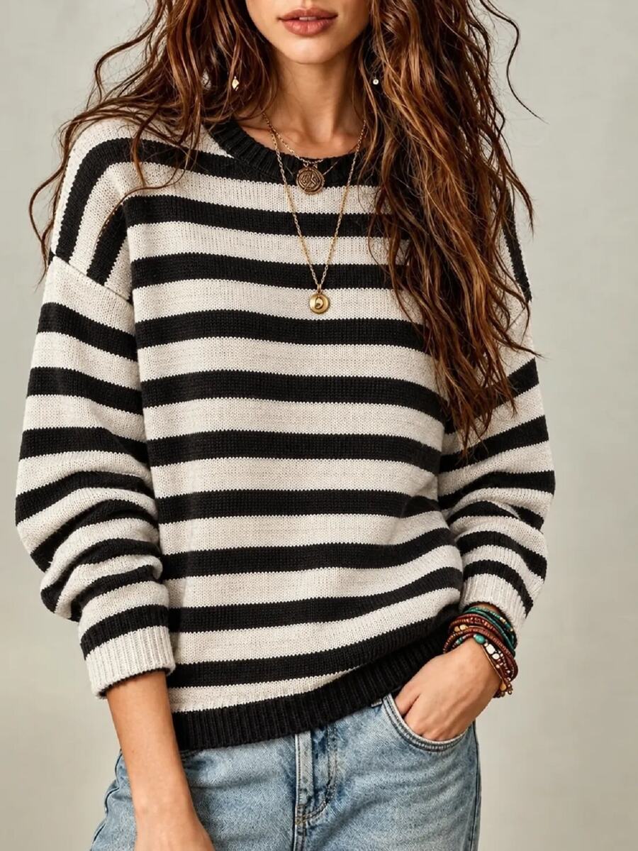 Elafinee Women's Autumn/Winter Striped Round Neck Drop Shoulder Long Sleeve Casual Sweater