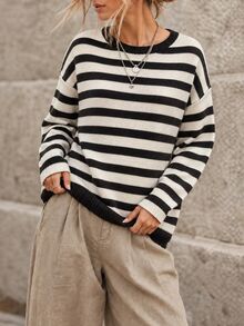 Elafinee Women's Autumn/Winter Striped Round Neck Drop Shoulder Long Sleeve Casual Sweater - Multicolor - View 8