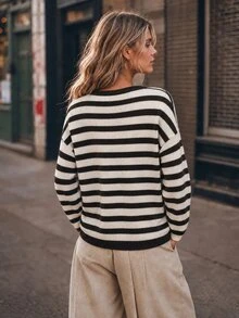 Elafinee Women's Autumn/Winter Striped Round Neck Drop Shoulder Long Sleeve Casual Sweater - Multicolor - View 3
